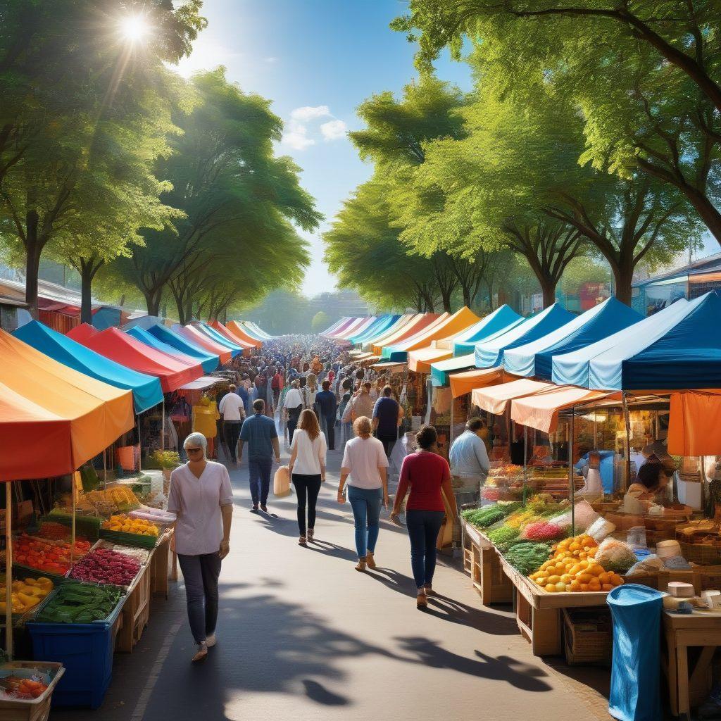 A visually engaging guide featuring a diverse group of people exploring an outdoor market with insurance policy documents and protective gear, symbolizing coverage options. Include various colorful signs representing different types of affordable insurance, such as health, auto, and home. The background should showcase a sunlit park with trees and a bright blue sky, evoking a sense of safety and accessibility. vibrant colors. super-realistic.