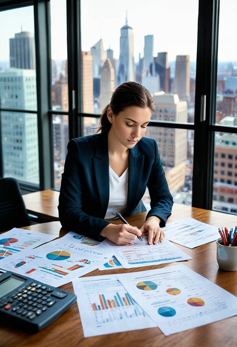 A thoughtful person reviewing insurance documents with various risk management tools around them, like graphs and checklists, symbolizing strategic planning. A warm, inviting office environment with a window showing a city skyline indicating security and stability. Overhead light casts a gentle glow, highlighting their focused expression. super-realistic. vibrant colors. white background.