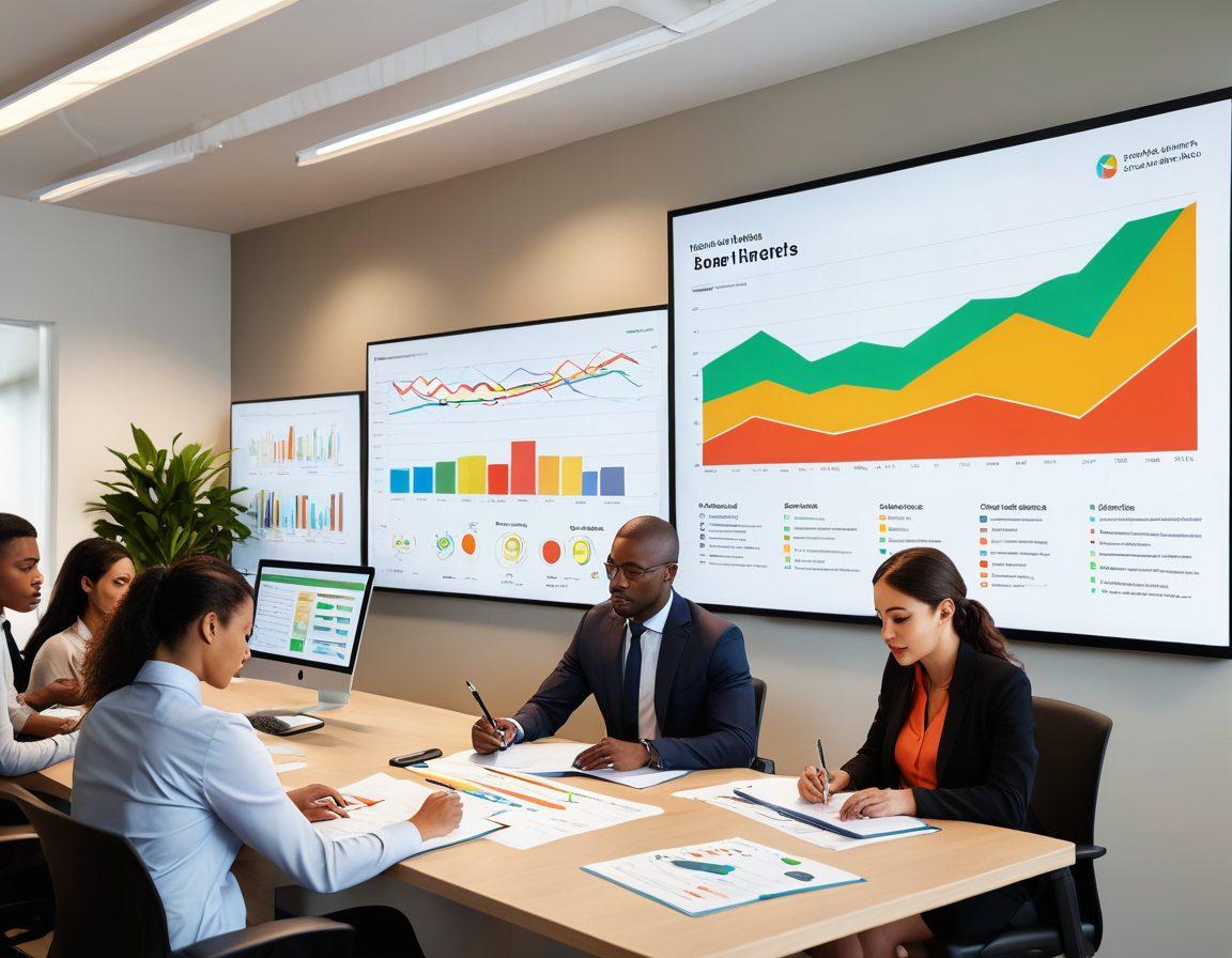 A diverse group of people examining various insurance documents and charts at a modern office desk. A large digital screen displays affordable insurance options with icons representing health, auto, and home insurance. A plant and a globe in the background symbolize growth and global resources. Bright, inviting colors to inspire trust and optimism. super-realistic. vibrant colors.
